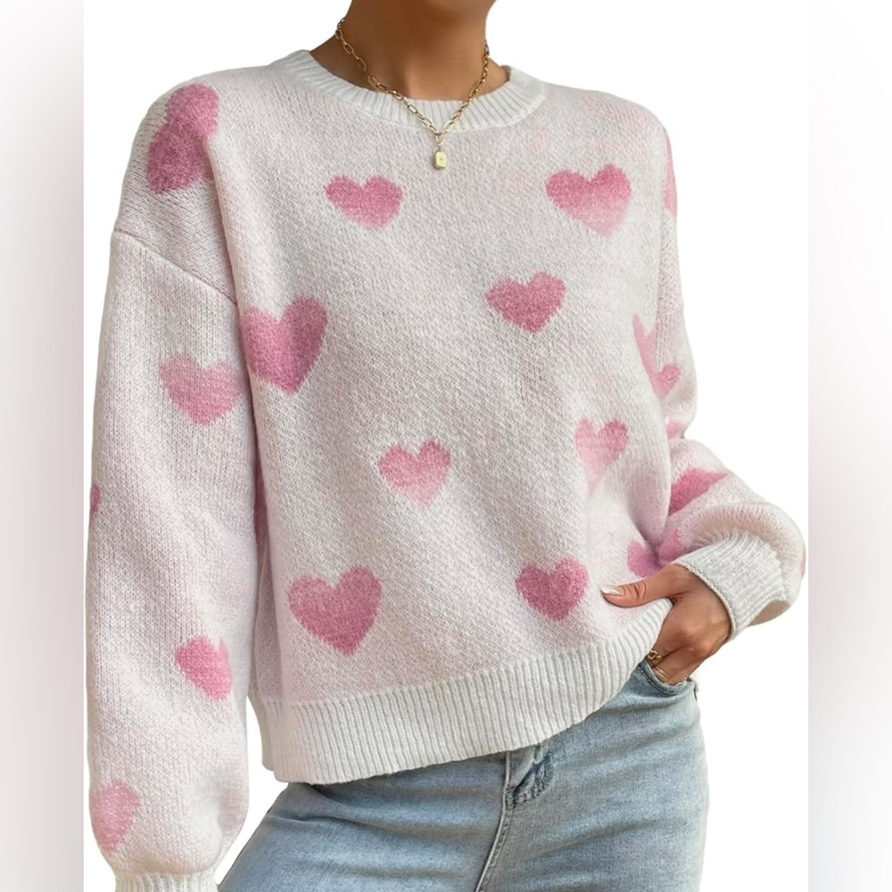 SHENHE Women's Crewneck Drop Shoulder Heart Pattern Casual Sweater Pullover